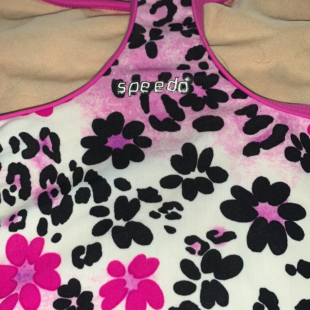 Speedo tankini top pink and black floral leopard sz Y10 EUC